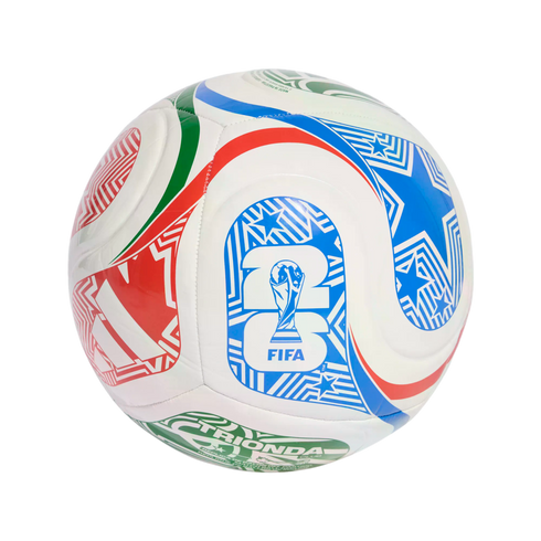 White soccer ball with red, green, and blue geometric patterns. Features a blue FIFA World Cup 26 logo and a green "TRIONDA CLUB" emblem.