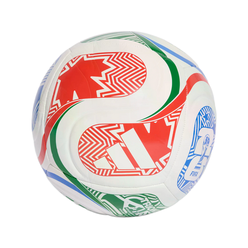 A white soccer ball with colorful red, green, and blue patterns representing the 2026 FIFA World Cup host nations: Canada, Mexico, and the United States.