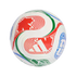 A white soccer ball with colorful red, green, and blue patterns representing the 2026 FIFA World Cup host nations: Canada, Mexico, and the United States.