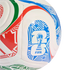 Close-up of a white soccer ball featuring red, green, and blue geometric patterns and the FIFA World Cup 26 logo with a trophy icon.