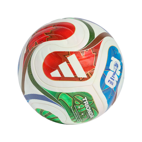 White Adidas soccer ball with red, green, and blue curved patterns. Features the Adidas and FIFA logos with "TRIONDA COMPETITION" text.