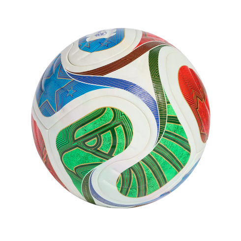 A white soccer ball featuring vibrant, multi-colored swirling patterns in green, blue, and red with intricate gold-toned line designs.
