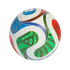 A white soccer ball featuring vibrant, multi-colored swirling patterns in green, blue, and red with intricate gold-toned line designs.