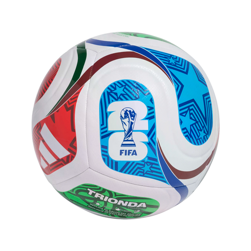 White soccer ball with colorful red, blue, and green patterns. It features the 2026 FIFA World Cup logo and "TRIONDA TRAINING" text.