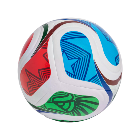 A colorful soccer ball with vibrant red, blue, and green patterned panels against a solid black background.