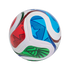 A colorful soccer ball with vibrant red, blue, and green patterned panels against a solid black background.