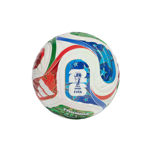 White soccer ball featuring colorful red, green, and blue patterns, the FIFA World Cup 26 logo, and Adidas stripes, shown against a solid black background.