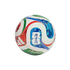 White soccer ball featuring colorful red, green, and blue patterns, the FIFA World Cup 26 logo, and Adidas stripes, shown against a solid black background.