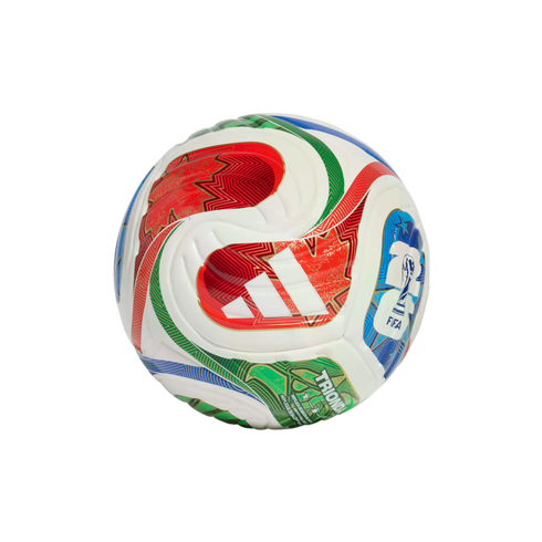White soccer ball with colorful red, green, and blue swirling graphics, featuring the Adidas and FIFA logos.