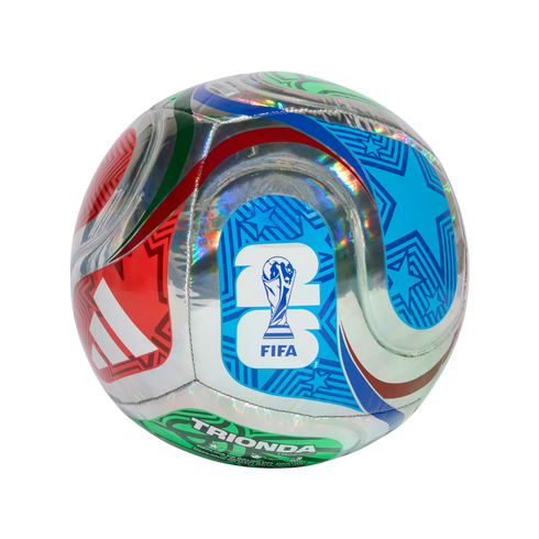 Iridescent soccer ball with red, blue, and green panels. It features the FIFA World Cup trophy logo, Adidas stripes, and "TRI-ONDA TRAINING" text against a black background.