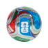 Iridescent soccer ball with red, blue, and green panels. It features the FIFA World Cup trophy logo, Adidas stripes, and "TRI-ONDA TRAINING" text against a black background.
