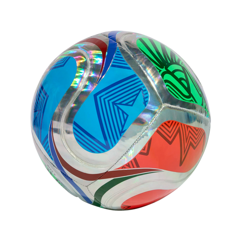 A holographic soccer ball with vibrant geometric patterns in blue, green, and orange, set against a solid black background.