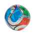 A holographic soccer ball with vibrant geometric patterns in blue, green, and orange, set against a solid black background.