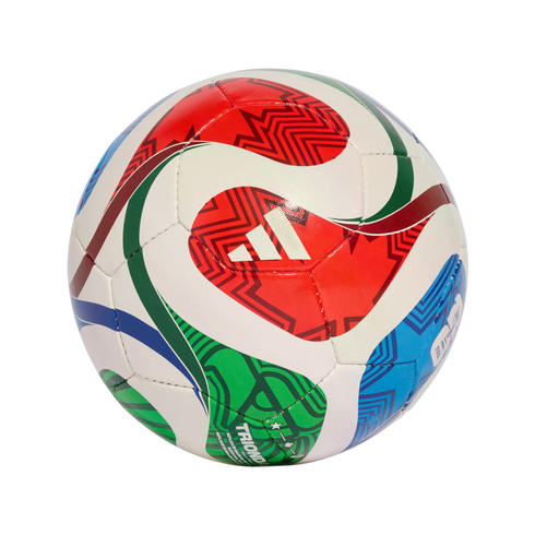 An Adidas TRIONFO soccer ball featuring white panels with vibrant red, green, and blue geometric patterns, set against a solid black background.