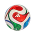 An Adidas TRIONFO soccer ball featuring white panels with vibrant red, green, and blue geometric patterns, set against a solid black background.
