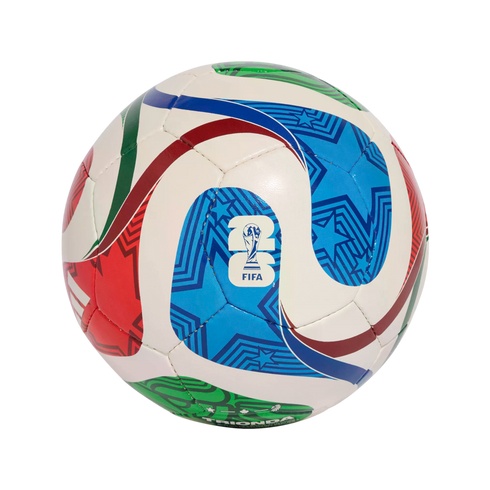 White soccer ball with colorful red, blue, and green swirls, stars, and the FIFA 2026 World Cup logo, centered against a black background.