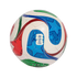 White soccer ball with colorful red, blue, and green swirls, stars, and the FIFA 2026 World Cup logo, centered against a black background.