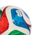 Close-up of a FIFA soccer ball with vibrant red, blue, and green geometric patterns against a black background.