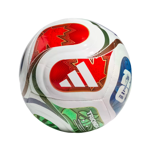 White soccer ball with colorful red, green, and blue patterns, featuring the Adidas logo, FIFA World Cup logo, and the name "TRIONDA."