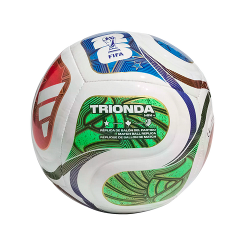 A white FIFA TRIONDA Mini+ replica soccer ball with colorful red, blue, and green graphic patterns, centered on a black background.