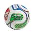A white FIFA TRIONDA Mini+ replica soccer ball with colorful red, blue, and green graphic patterns, centered on a black background.