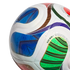 Close-up of a white mini soccer ball with vibrant blue, green, and red geometric patterns and gold accents. Text "SIZE MINI +" is visible. Isolated against a black background.