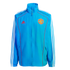 Blue Adidas Manchester United zip-up track jacket with the club crest, red trim, and white three-stripe details on the sleeves.
