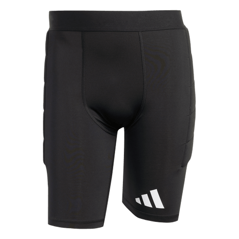 Black Adidas padded athletic compression shorts with a white logo on the lower left leg and protective side padding.