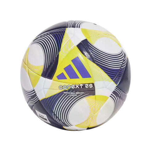Adidas Conext 24 League soccer ball featuring yellow, purple, and black swirling patterns on a white background, with the brand's logo and FIFA Quality stamp.