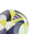 A close-up of an Adidas Conext 24 soccer ball with white, navy, and yellow patterns and a purple logo. Text on the ball reads "CONEXT 24" and "MATCH BALL REPLICA - LEAGUE."
