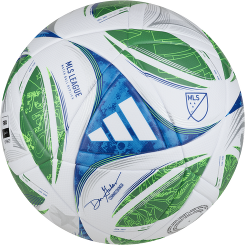 Adidas MLS League replica soccer ball featuring white, green, and blue graphics, the MLS shield, and Commissioner Don Garber's signature.