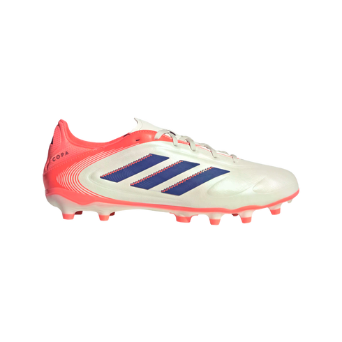A side profile of an Adidas Copa soccer cleat featuring a pearlescent white upper, neon pink heel and sole, and navy blue stripes against a black background.