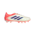 A side profile of an Adidas Copa soccer cleat featuring a pearlescent white upper, neon pink heel and sole, and navy blue stripes against a black background.