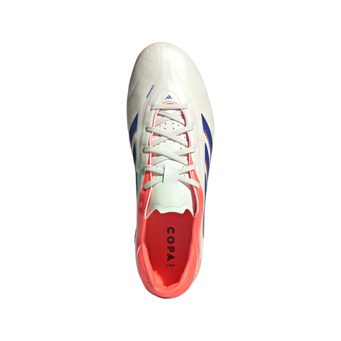 Top-down view of a white Adidas COPA Pure II soccer cleat with coral interior and blue side accents, shown on a black background.