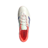 Top-down view of a white Adidas COPA Pure II soccer cleat with coral interior and blue side accents, shown on a black background.