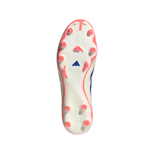 Underside of an Adidas Copa football boot showing a white soleplate with pink studs and blue logo.