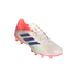 White Adidas soccer cleat with pink accents on the heel and sole, featuring three navy blue stripes on the side, displayed against a solid black background.