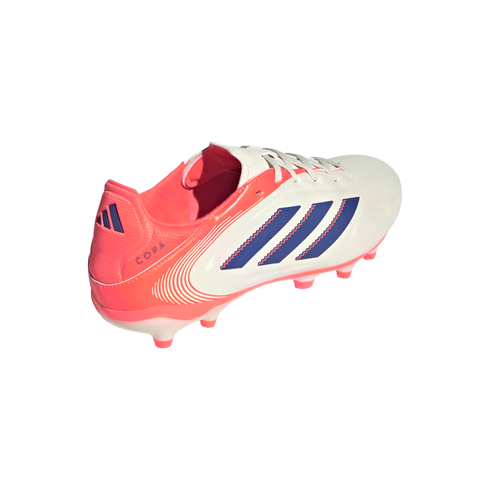 White and bright pink Adidas Copa soccer cleat featuring three navy blue stripes, shown from a side-rear perspective against a solid black background.