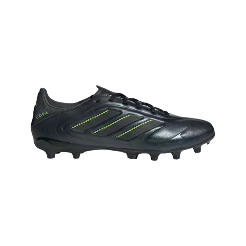 Profile view of a black adidas Copa soccer cleat with neon green zigzag stitching and heel branding, against a black background.