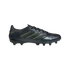 Profile view of a black adidas Copa soccer cleat with neon green zigzag stitching and heel branding, against a black background.