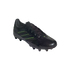 Black Adidas Copa soccer cleat with neon green stripes on the side and studs, shown from a side angle against a black background.