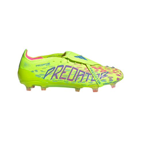 Neon yellow Adidas Predator soccer cleat featuring large purple and pink branding, a fold-over tongue, and a matching elastic strap.