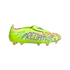 Neon yellow Adidas Predator soccer cleat featuring large purple and pink branding, a fold-over tongue, and a matching elastic strap.