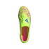Top-down view of a neon yellow Adidas Predator soccer cleat featuring pink and blue leopard print accents and a fold-over tongue.