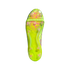Vibrant neon yellow soleplate of an Adidas Predator soccer cleat with pink patterns, clear studs, and embossed "PREDATOR" text.