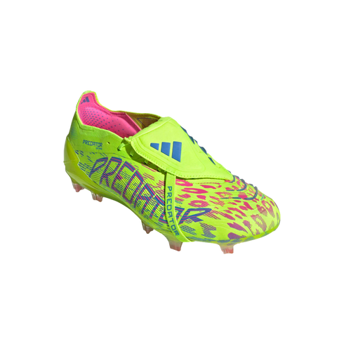 A neon yellow Adidas Predator soccer cleat with pink and purple abstract patterns, a fold-over tongue, and blue branding.