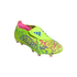 A neon yellow Adidas Predator soccer cleat with pink and purple abstract patterns, a fold-over tongue, and blue branding.