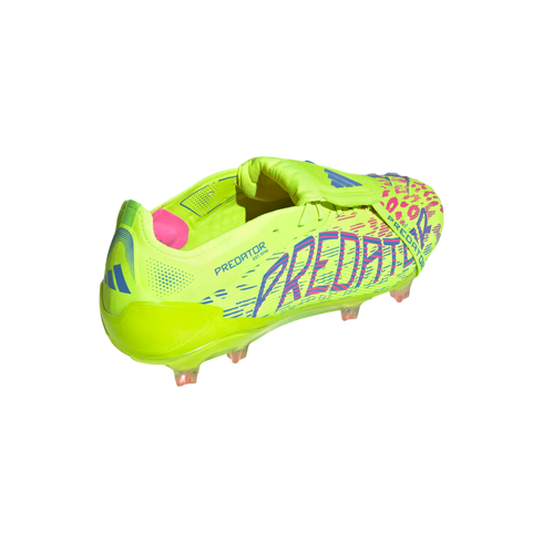 A neon yellow Adidas Predator soccer cleat featuring bold blue and pink 'PREDATOR' branding and leopard-print patterns against a white background.