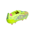 A neon yellow Adidas Predator soccer cleat featuring bold blue and pink 'PREDATOR' branding and leopard-print patterns against a white background.