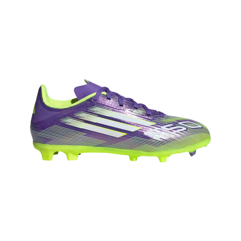 Side view of a purple and neon green Adidas F50 soccer cleat with white stripes on a black background.